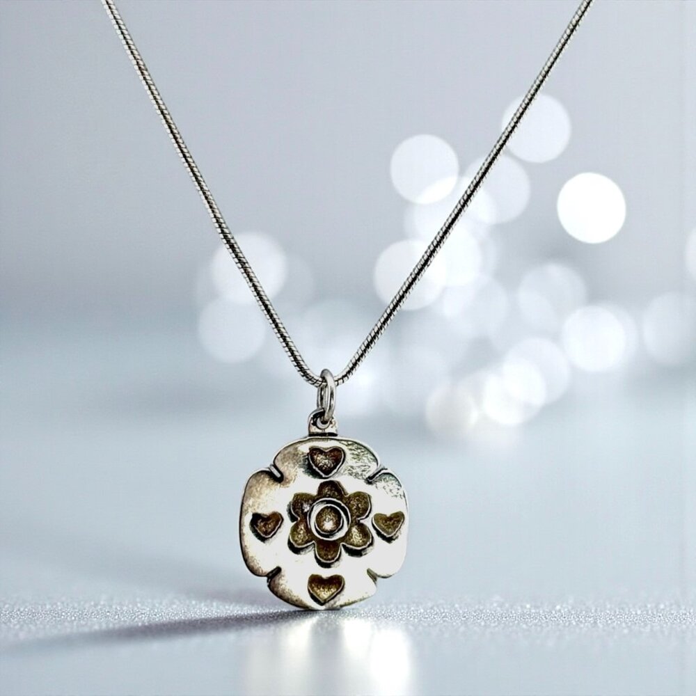 Vintage Mexican Sterling Silver Heart & Flower Pendant Necklace – 17” Italian Ch